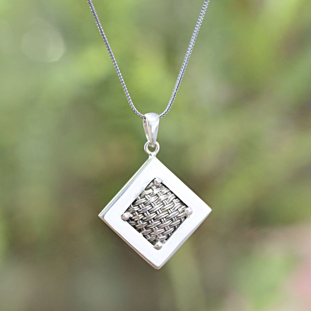 Woven Sterling Silver Diamond Shaped Pendant Necklace - Weaving Ketupats