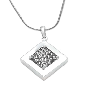 Woven Sterling Silver Diamond Shaped Pendant Necklace - Weaving Ketupats