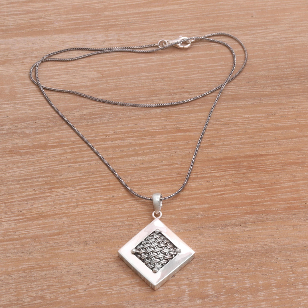 Woven Sterling Silver Diamond Shaped Pendant Necklace - Weaving Ketupats
