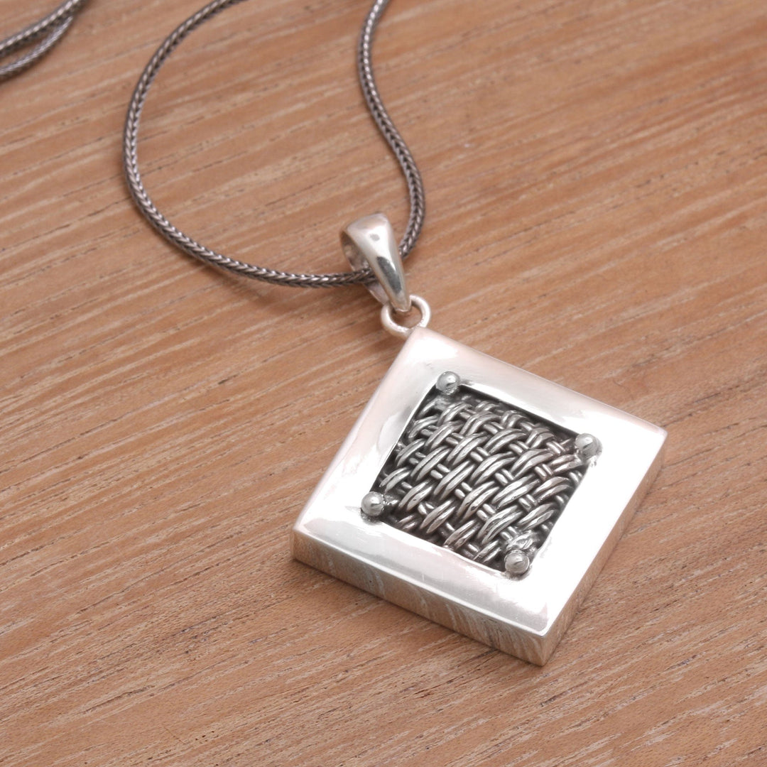 Woven Sterling Silver Diamond Shaped Pendant Necklace - Weaving Ketupats