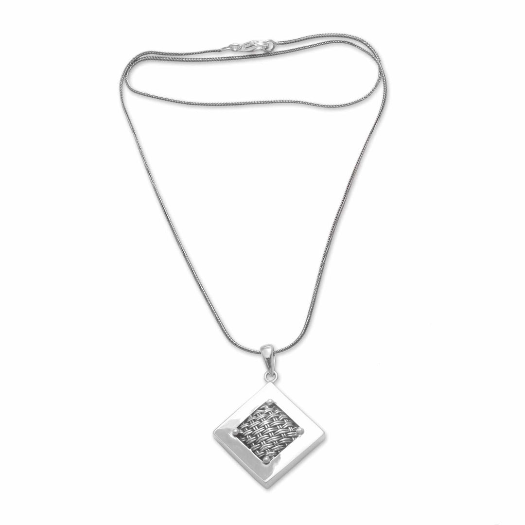 Woven Sterling Silver Diamond Shaped Pendant Necklace - Weaving Ketupats