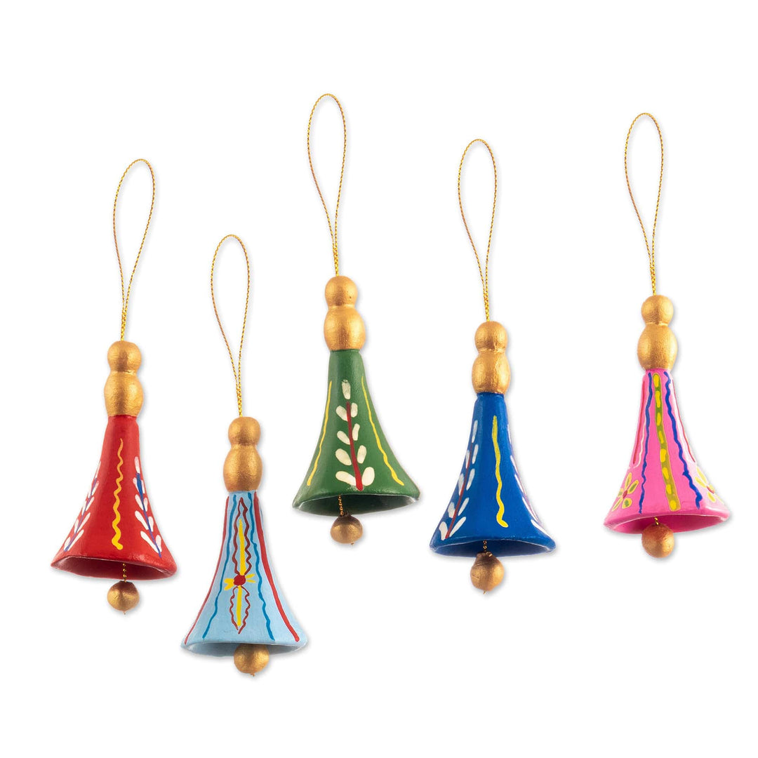 Five Assorted Ceramic Bell Ornaments from Peru Rainbow Bells GlobeIn