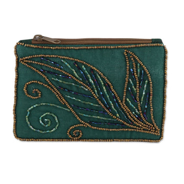 Pine Green Cotton and Silk Clutch with Leaf Motif Beading - Enchanting