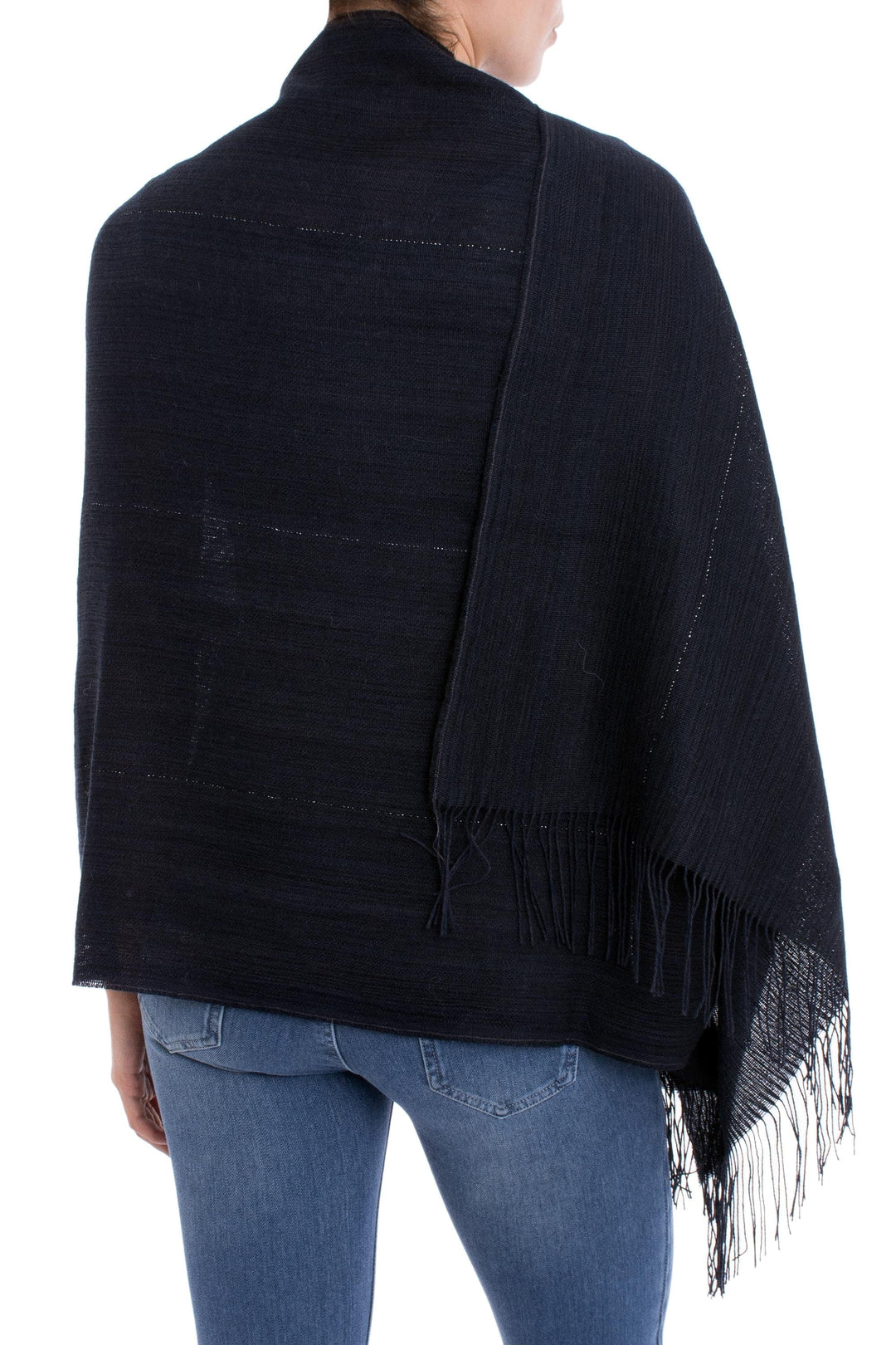 Midnight Blue 100% Alpaca Woven Fringed Shawl from Peru - Deep Sky