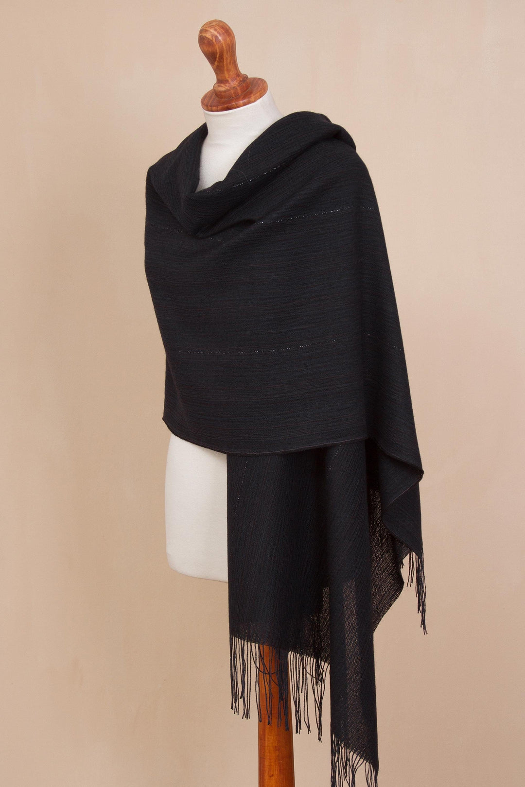 Midnight Blue 100% Alpaca Woven Fringed Shawl from Peru - Deep Sky