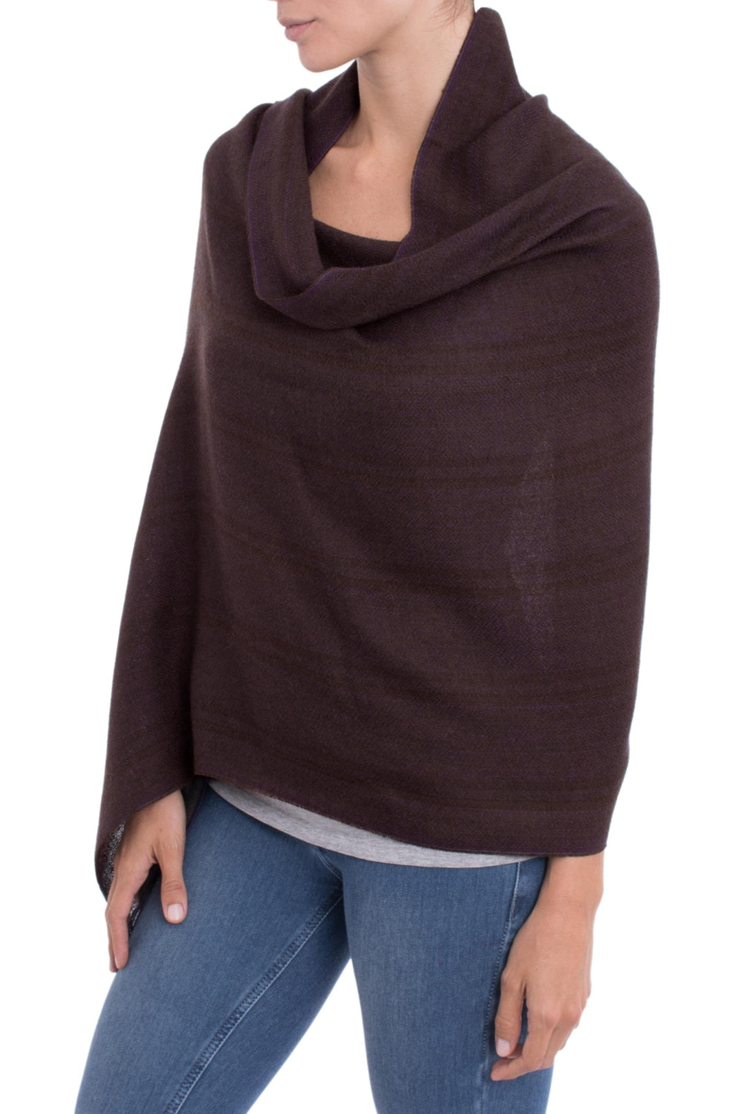 Iris Purple with Olive Green Woven Alpaca Fringed Shawl - Iris Fields