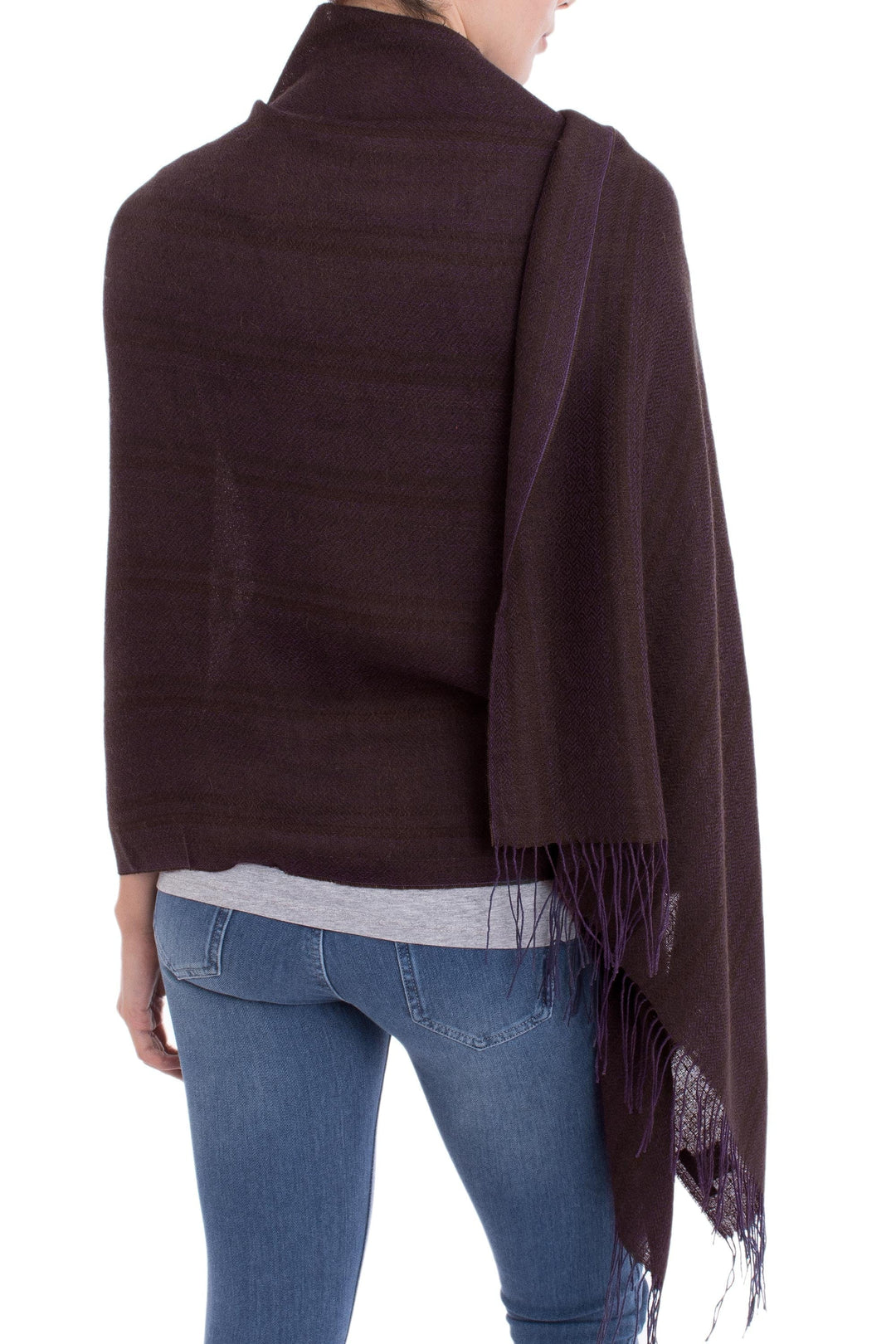 Iris Purple with Olive Green Woven Alpaca Fringed Shawl - Iris Fields