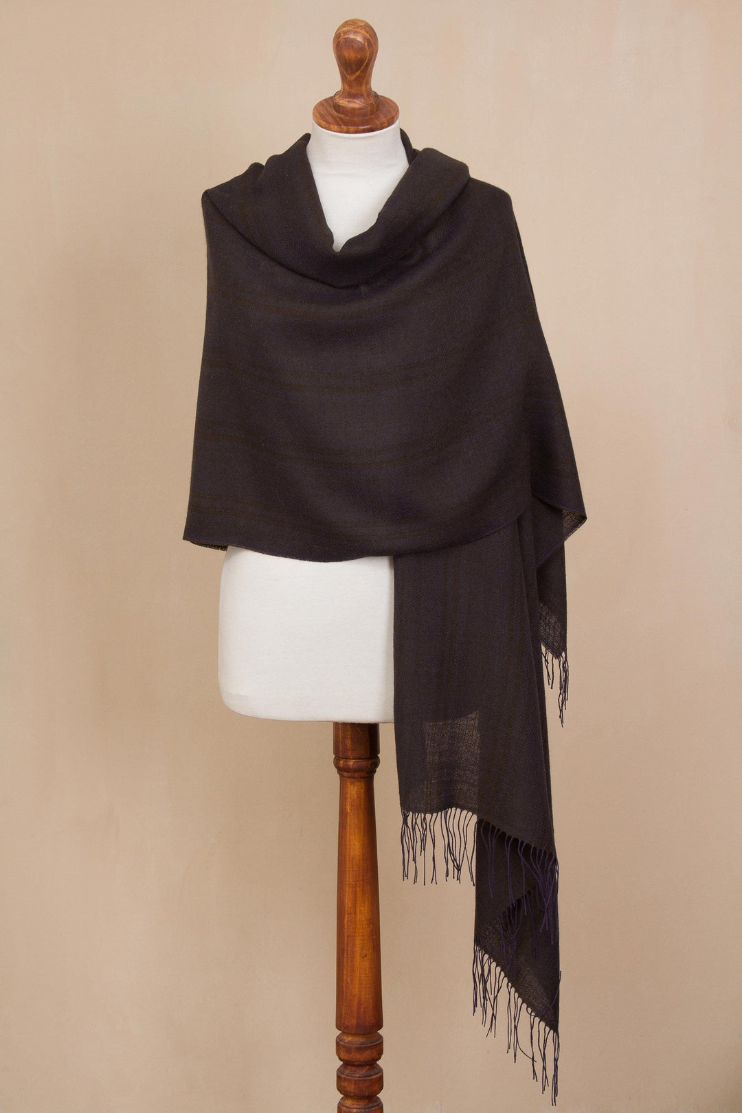 Iris Purple with Olive Green Woven Alpaca Fringed Shawl - Iris Fields