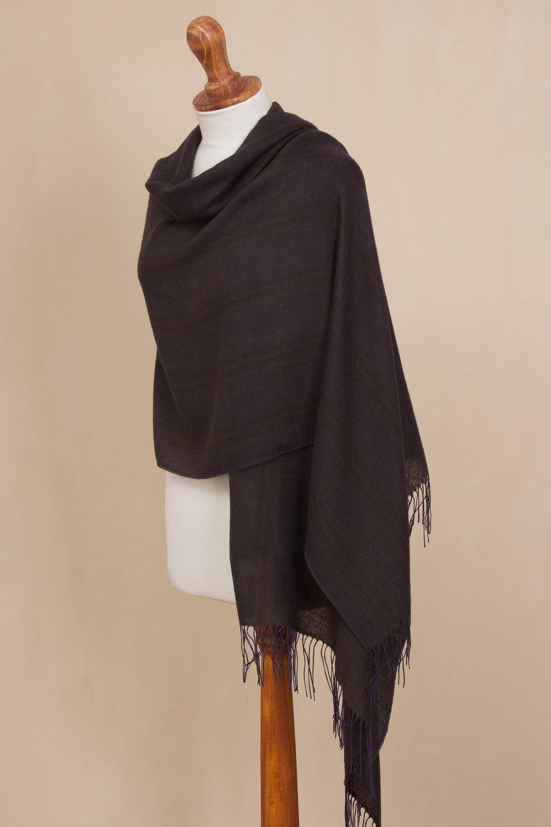 Iris Purple with Olive Green Woven Alpaca Fringed Shawl - Iris Fields