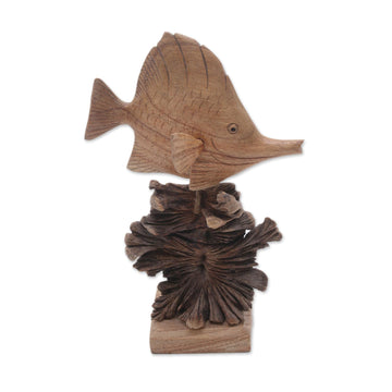 Hand-Carved Jempinis Wood Swimming Tang Fish Sculpture - Tang Fish