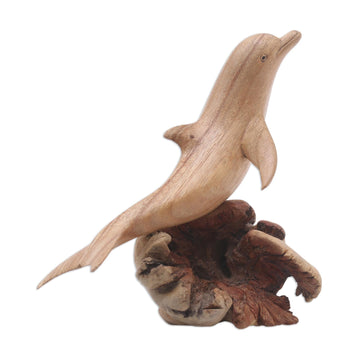 Hand-Carved Jempinis Wood Leaping Dolphin Tree Sculpture - Joyous Dolphin