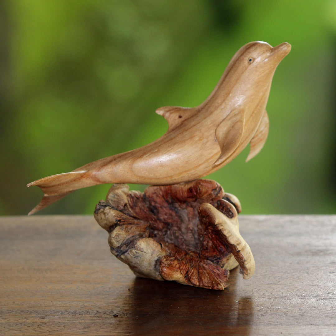 Hand-Carved Jempinis Wood Leaping Dolphin Tree Sculpture - Joyous Dolphin