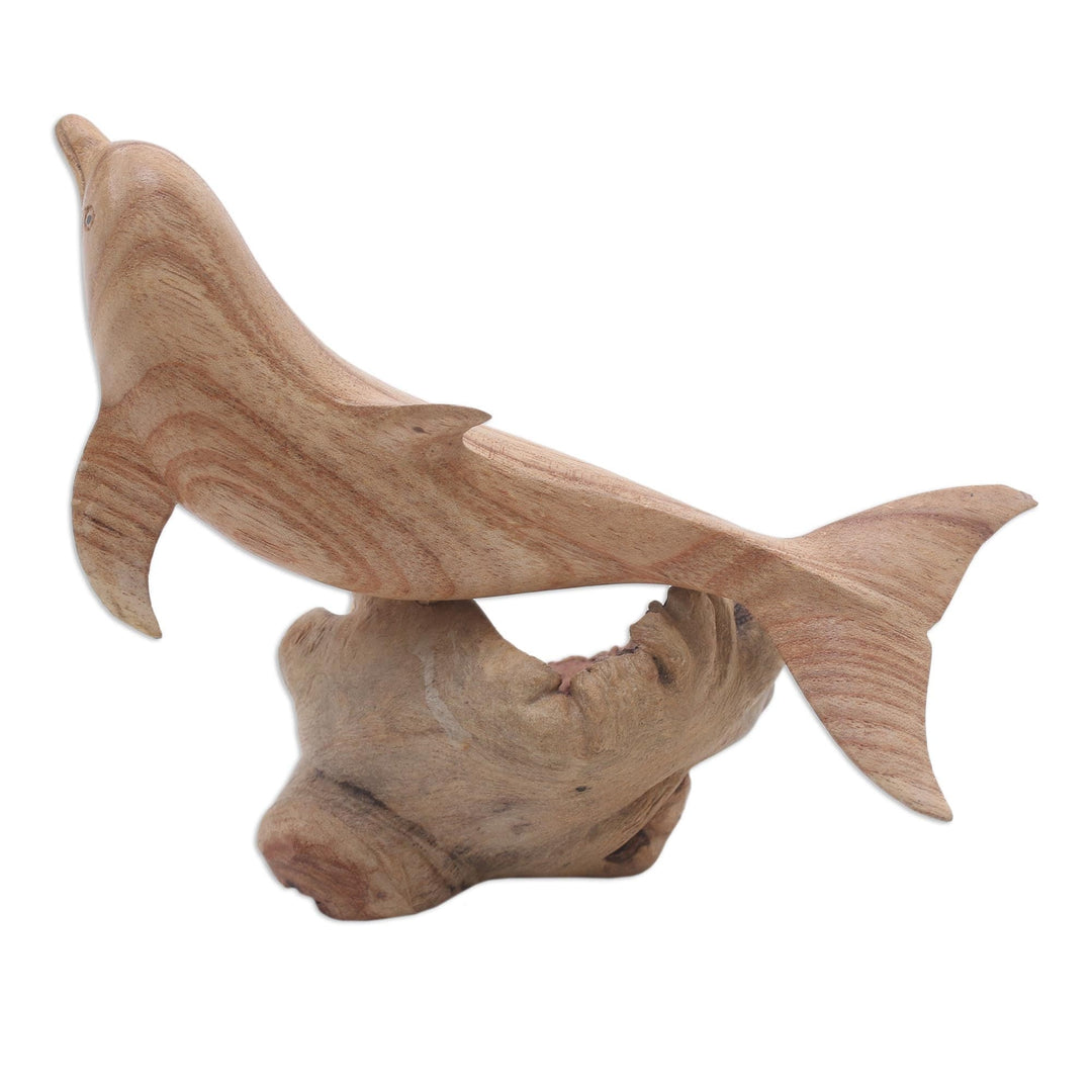 Hand-Carved Jempinis Wood Leaping Dolphin Tree Sculpture - Joyous Dolphin