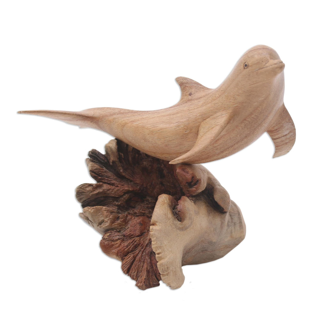 Hand-Carved Jempinis Wood Leaping Dolphin Tree Sculpture - Joyous Dolphin