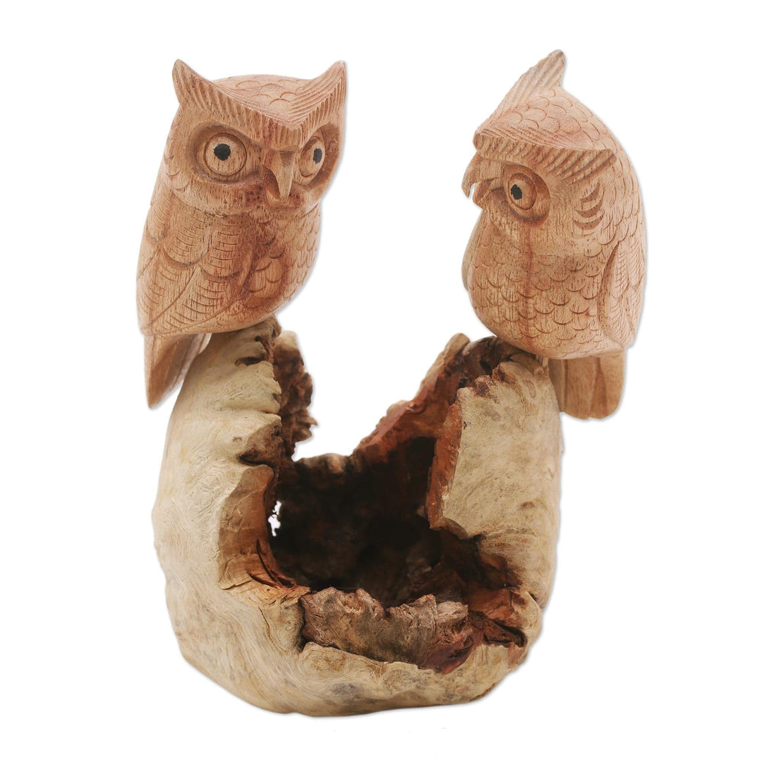 Hand-Carved Jempinis Wood Owl Couple Tree Sculpture - Owl Lovers