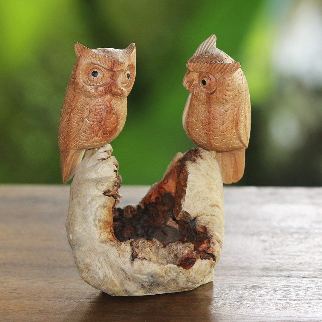 Hand-Carved Jempinis Wood Owl Couple Tree Sculpture - Owl Lovers