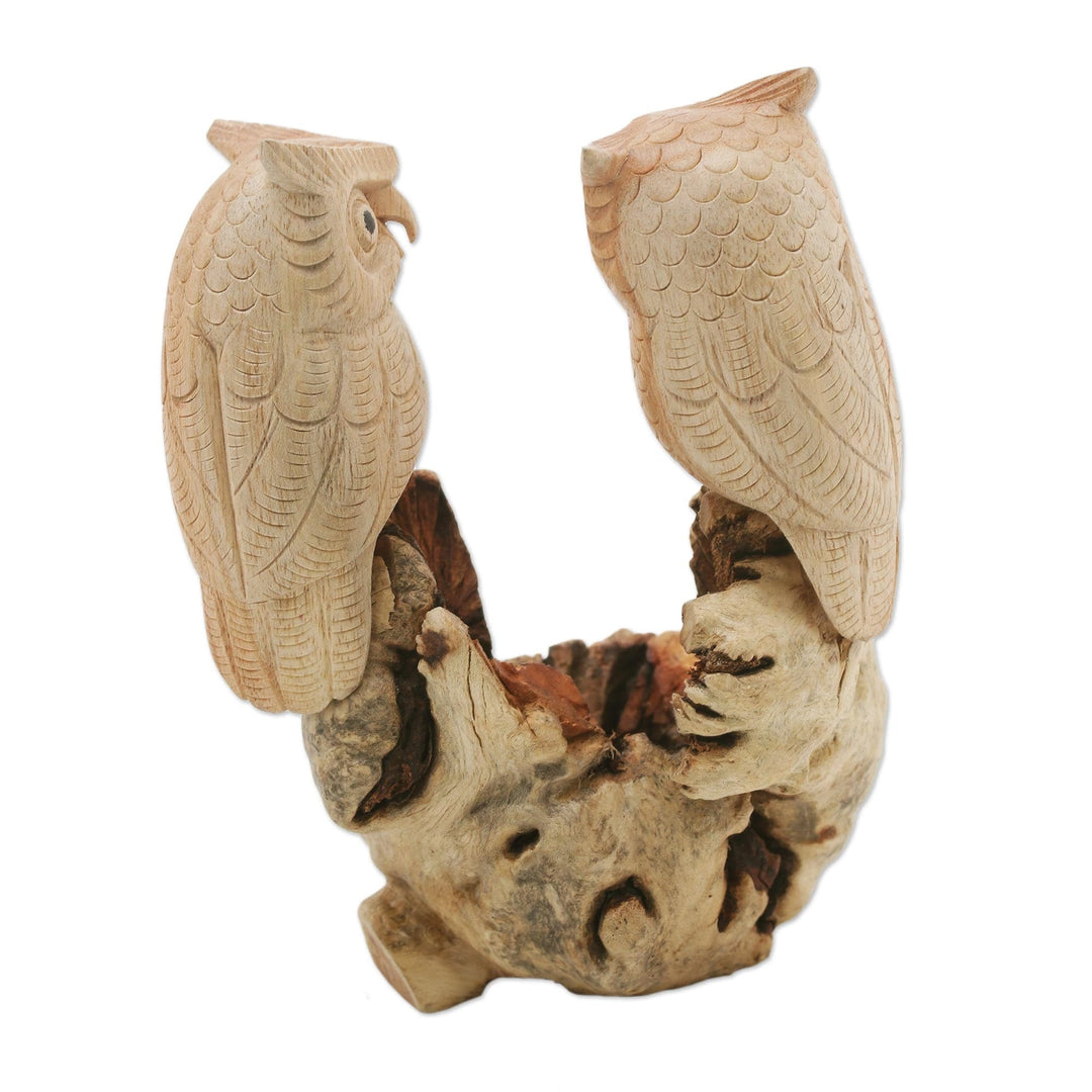 Hand-Carved Jempinis Wood Owl Couple Tree Sculpture - Owl Lovers