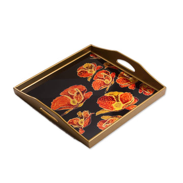 Reverse Painted Glass Tray With Poppy Motifs on Black - Gleaming Poppies on Black