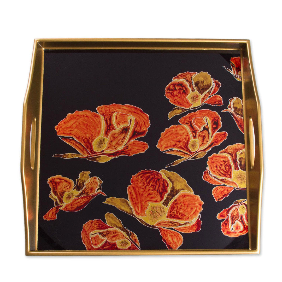 Reverse Painted Glass Tray With Poppy Motifs on Black - Gleaming Poppies on Black