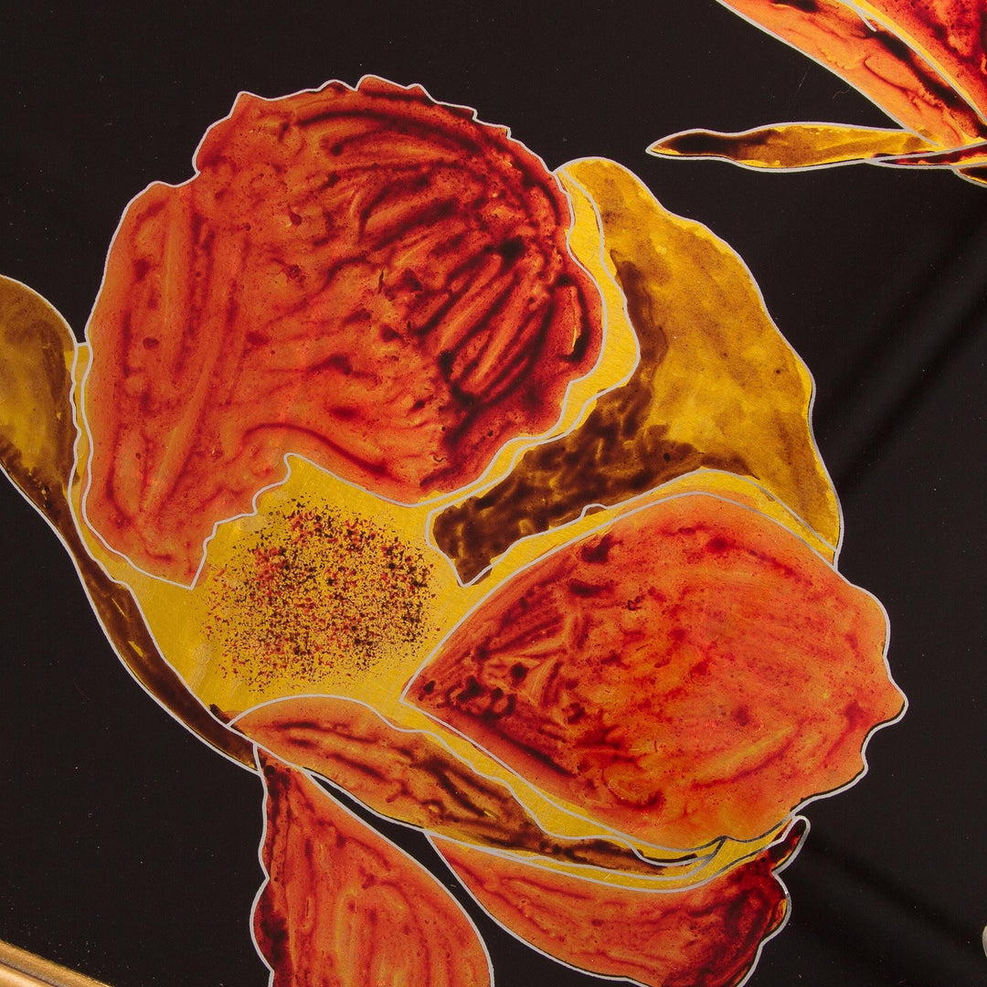 Reverse Painted Glass Tray With Poppy Motifs on Black - Gleaming Poppies on Black