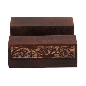 Wood Mobile Device Stand with Hand Carved Floral Motif - Desk Garden