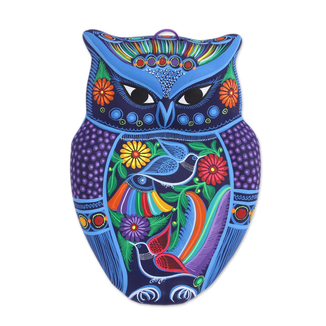 Hand Painted Colorful Ceramic Owl with Birds and Flowers - Twilight Owl