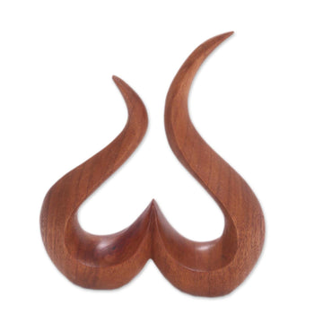 Hand-Carved Suar Wood Abstract Growing Heart Sculpture - Growing Heart