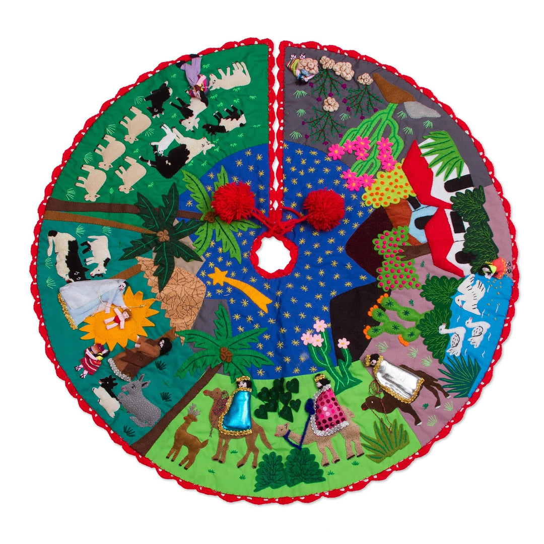 Multicolor Cotton Blend Nativity Scene Arpillera Tree Skirt - Nativity Story