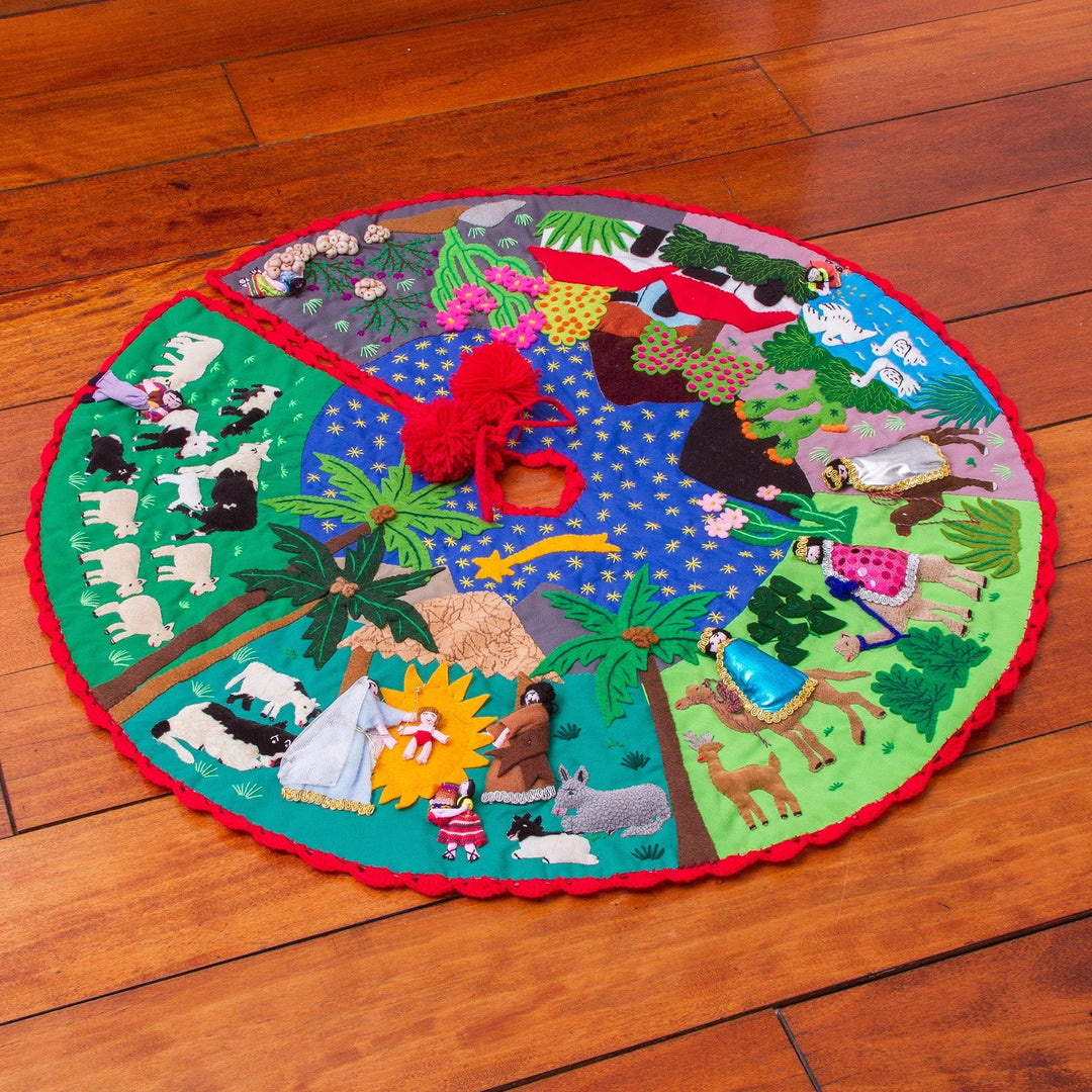 Multicolor Cotton Blend Nativity Scene Arpillera Tree Skirt - Nativity Story