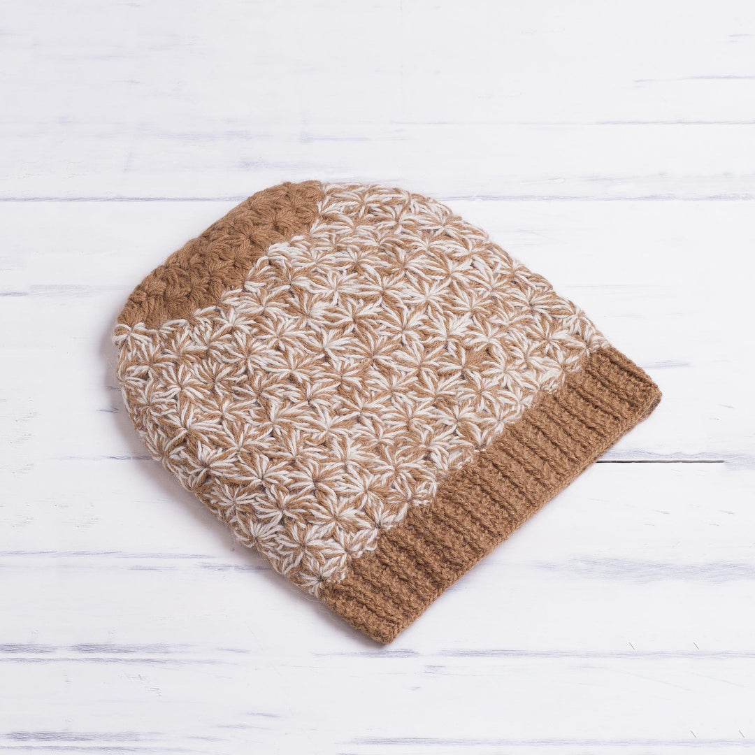 Hand Knit Brown and White Baby Alpaca Hat from Peru - Golden Brown Delight