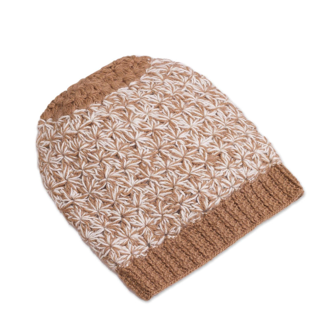Hand Knit Brown and White Baby Alpaca Hat from Peru - Golden Brown Delight