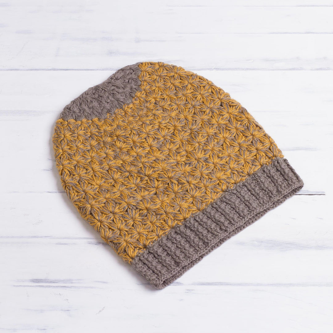 Hand Knit Yellow and Brown Baby Alpaca Hat from Peru - Amber Delight