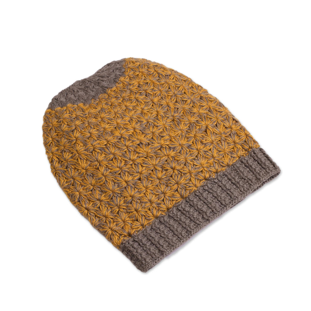 Hand Knit Yellow and Brown Baby Alpaca Hat from Peru - Amber Delight