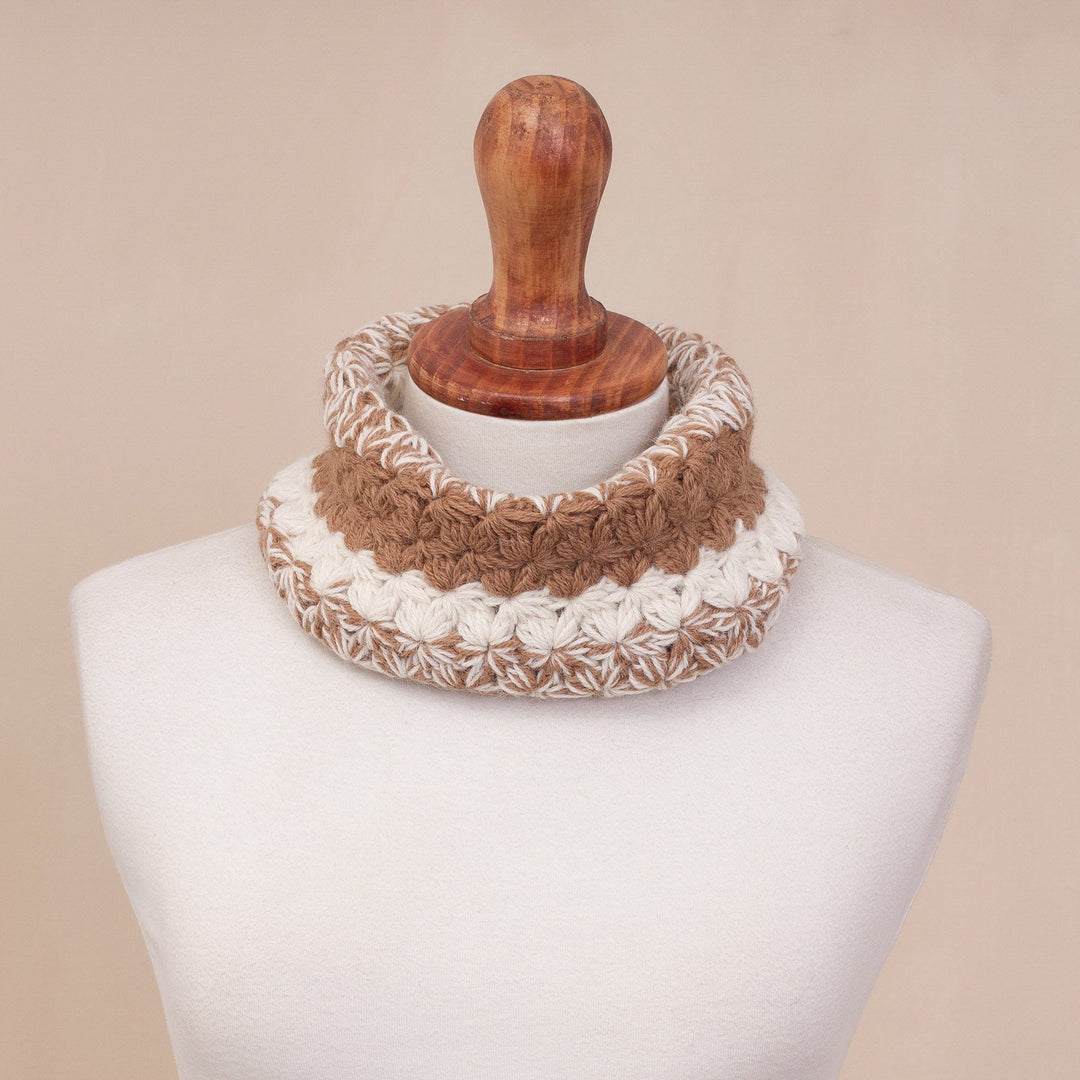 Hand Knit Brown and White Baby Alpaca Neck Warmer - Cozy Day in Golden Brown