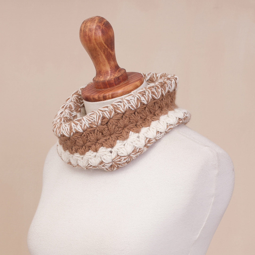 Hand Knit Brown and White Baby Alpaca Neck Warmer - Cozy Day in Golden Brown