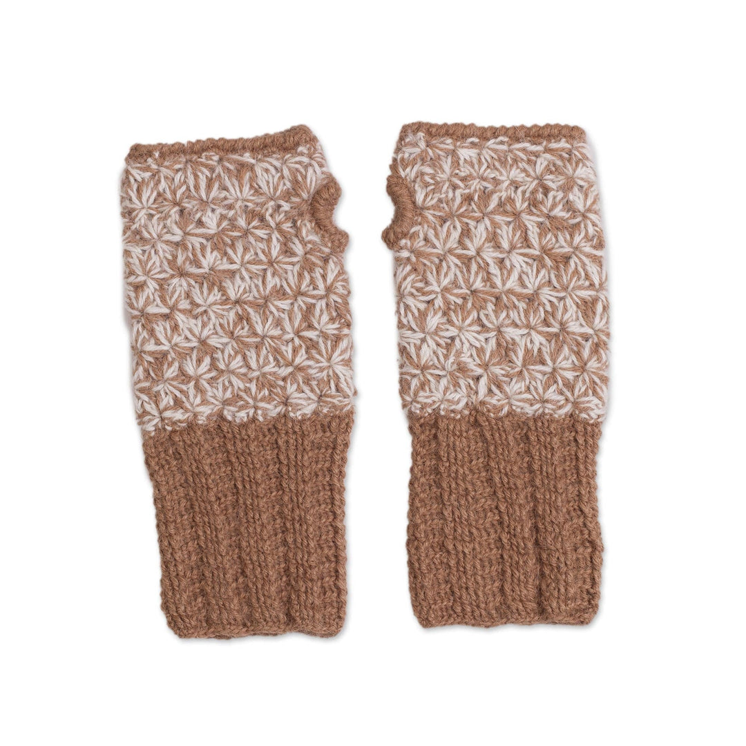 Hand Knit Brown and White Baby Alpaca Fingerless Mitts - Inner Warmth in Golden Brown