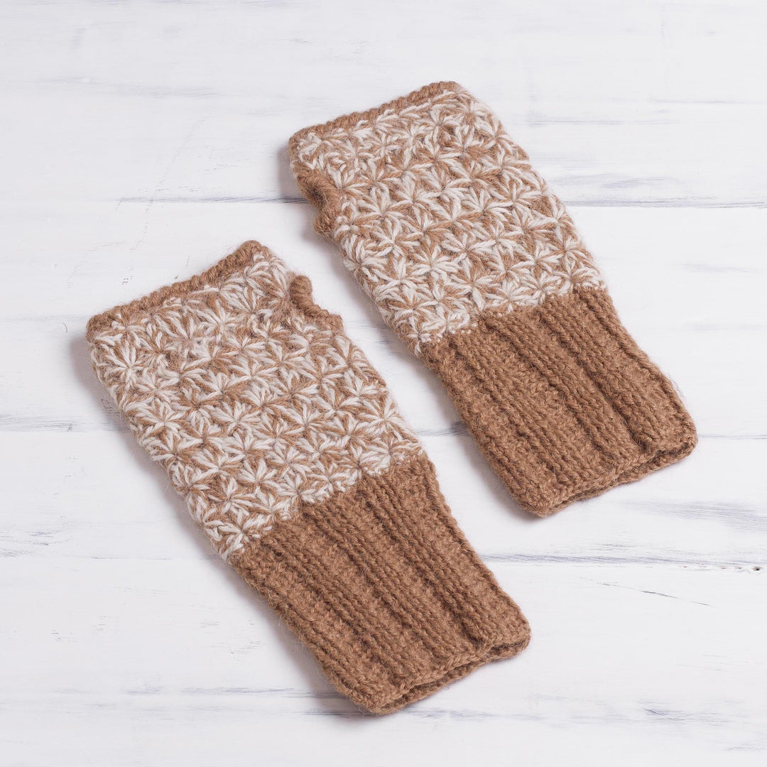 Hand Knit Brown and White Baby Alpaca Fingerless Mitts - Inner Warmth in Golden Brown