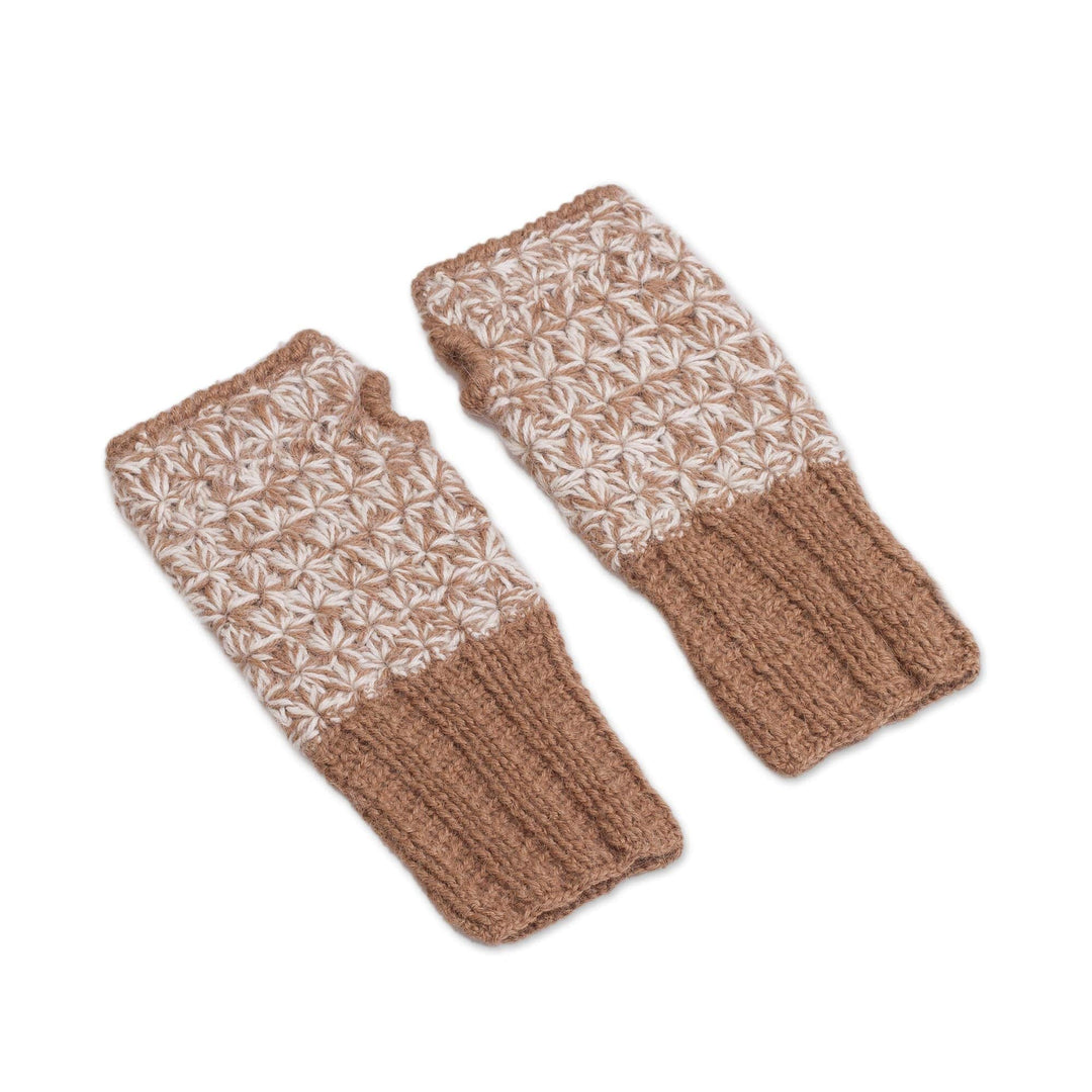 Hand Knit Brown and White Baby Alpaca Fingerless Mitts - Inner Warmth in Golden Brown