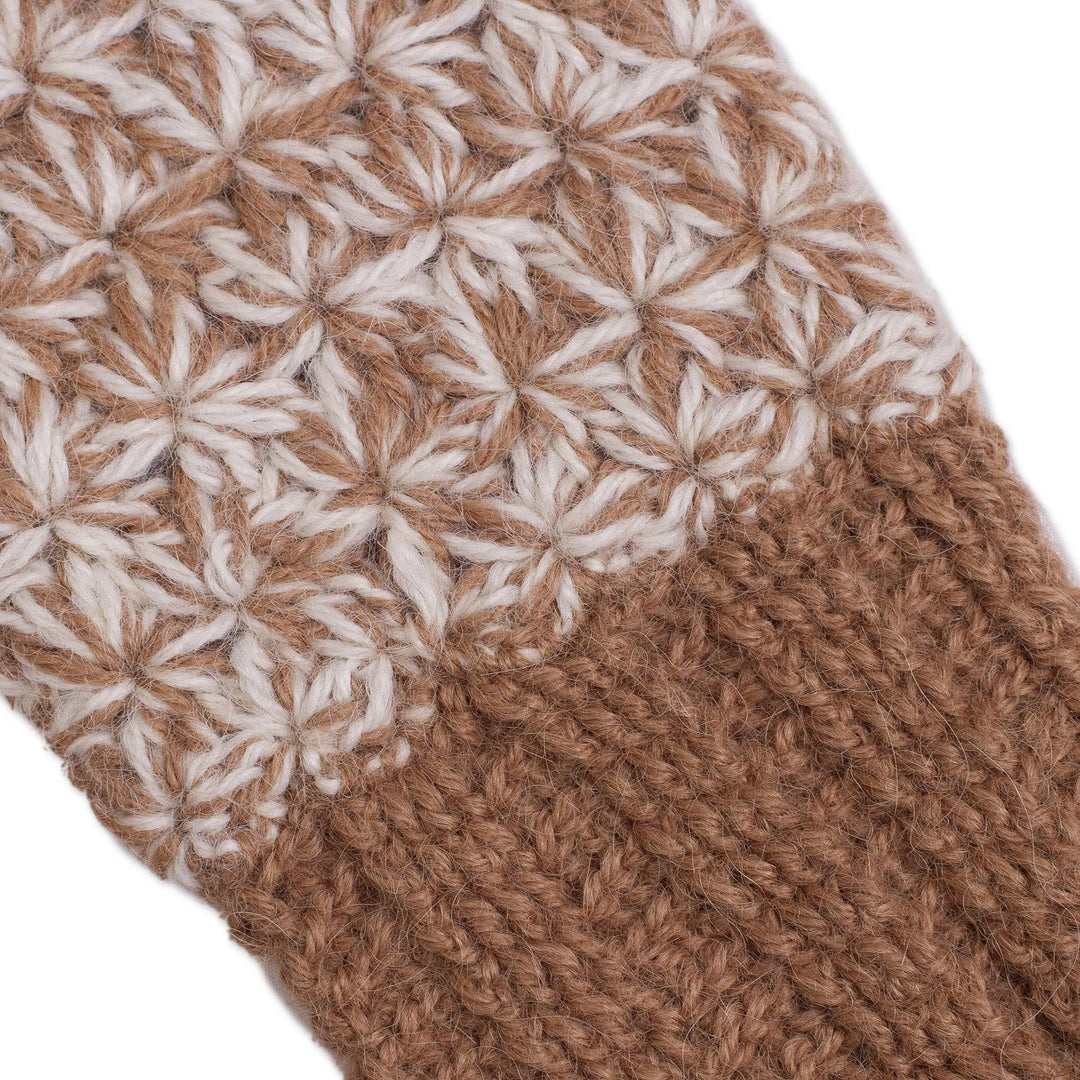 Hand Knit Brown and White Baby Alpaca Fingerless Mitts - Inner Warmth in Golden Brown