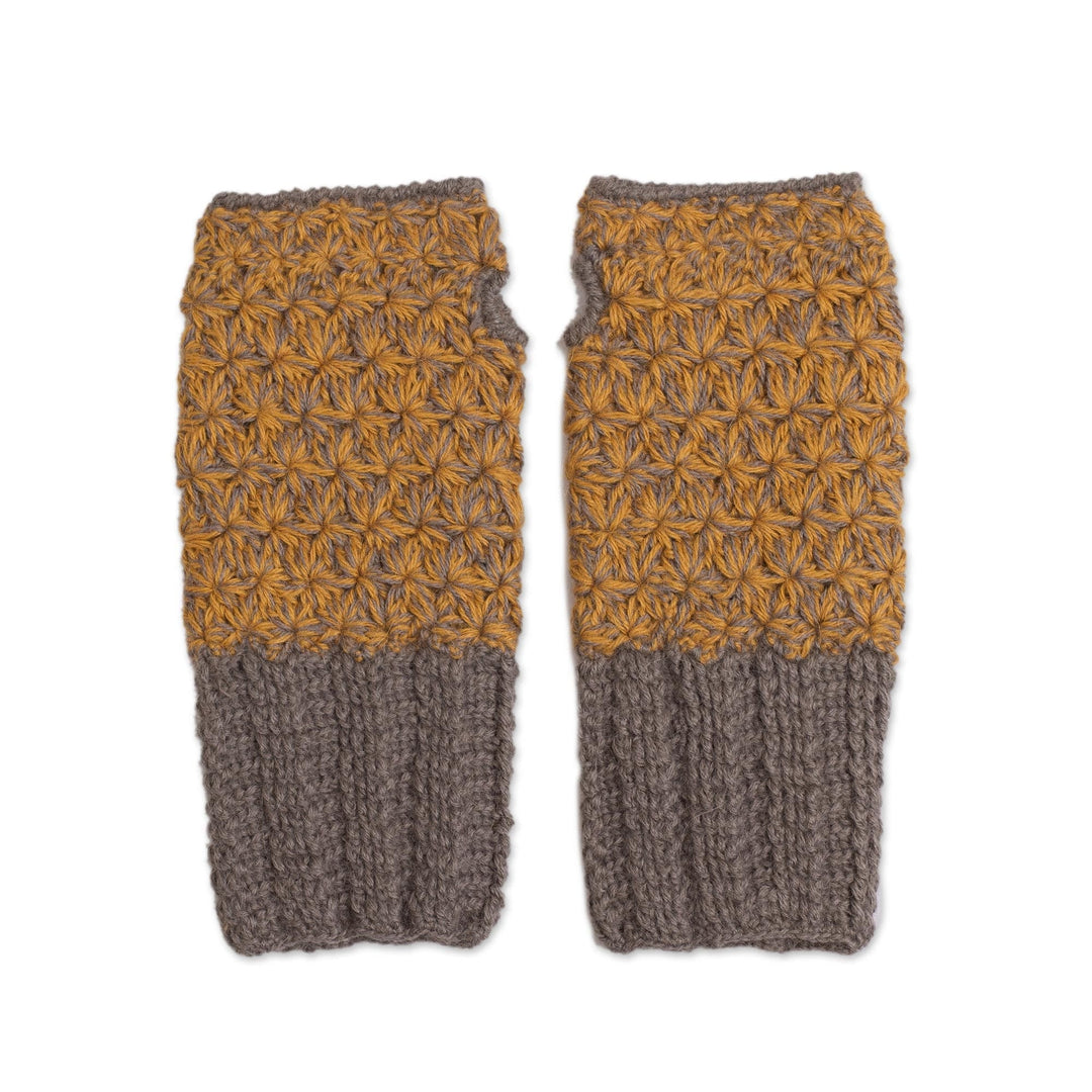 Hand Knit Brown and Amber Baby Alpaca Fingerless Mitts - Inner Warmth in Clay and Amber