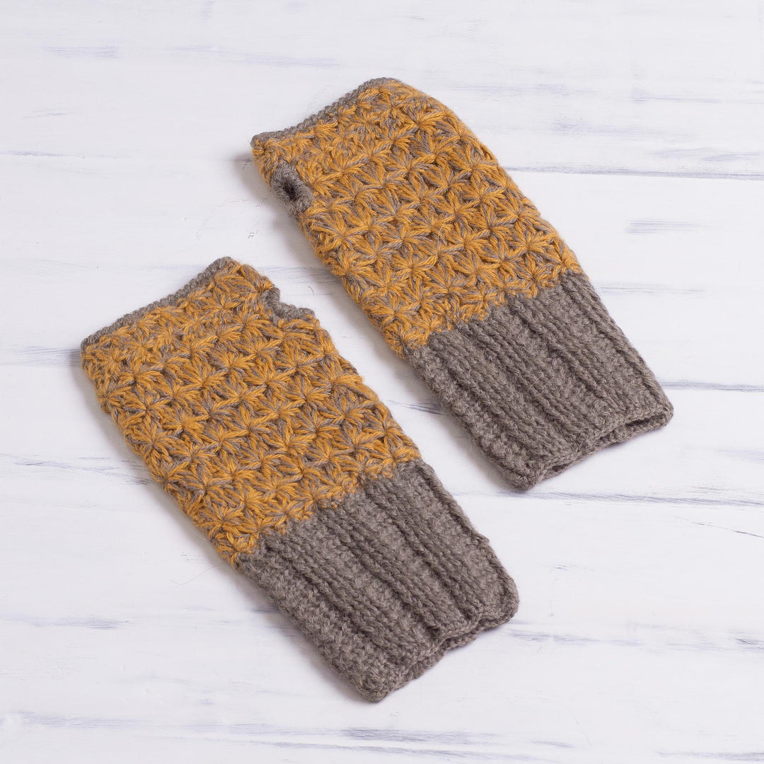 Hand Knit Brown and Amber Baby Alpaca Fingerless Mitts - Inner Warmth in Clay and Amber