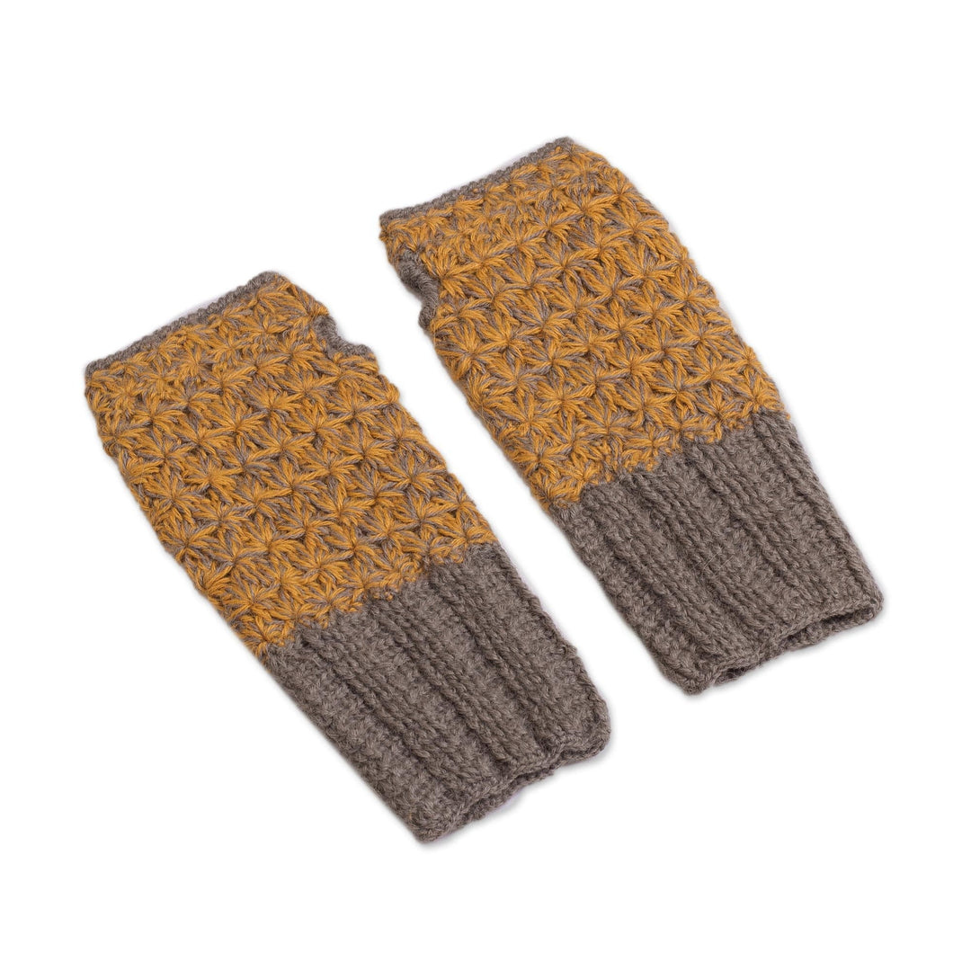 Hand Knit Brown and Amber Baby Alpaca Fingerless Mitts - Inner Warmth in Clay and Amber