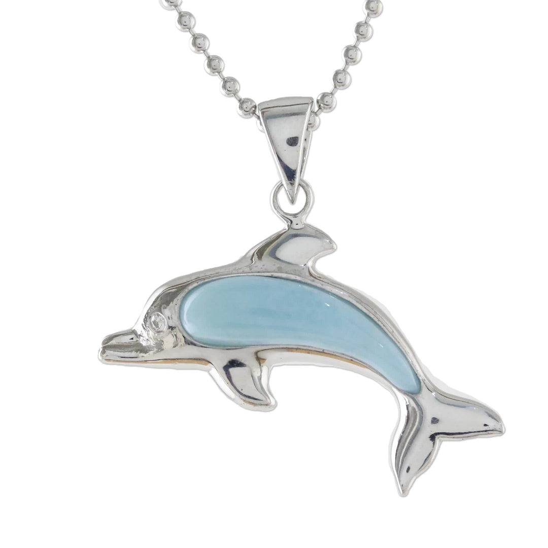 Larimar Sterling Silver Swimming Dolphin Pendant Necklace - Sleek Swimmer