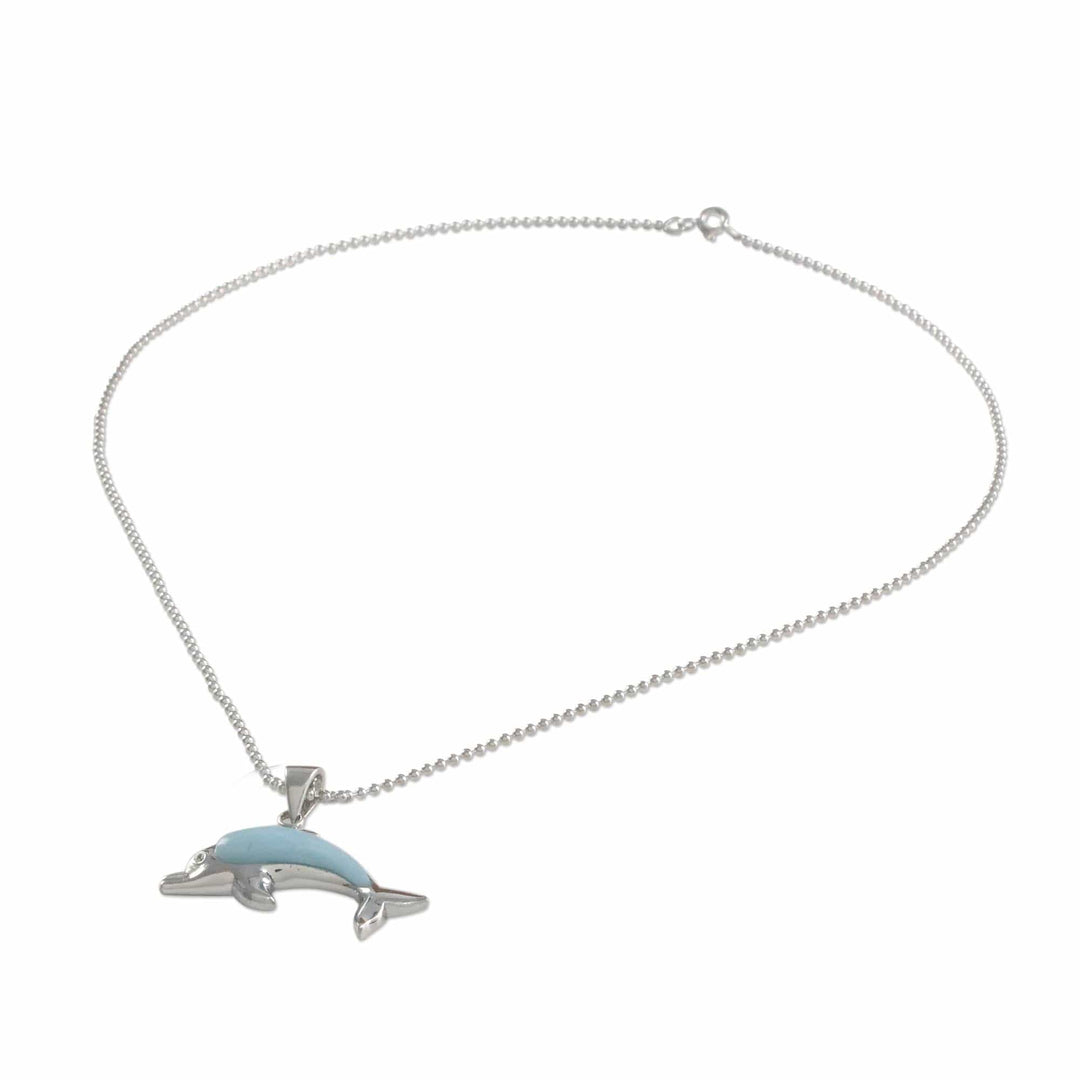 Larimar Sterling Silver Swimming Dolphin Pendant Necklace - Sleek Swimmer