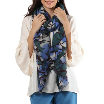 Blue and Green Floral Motif Wool Shawl - Delight of Spring