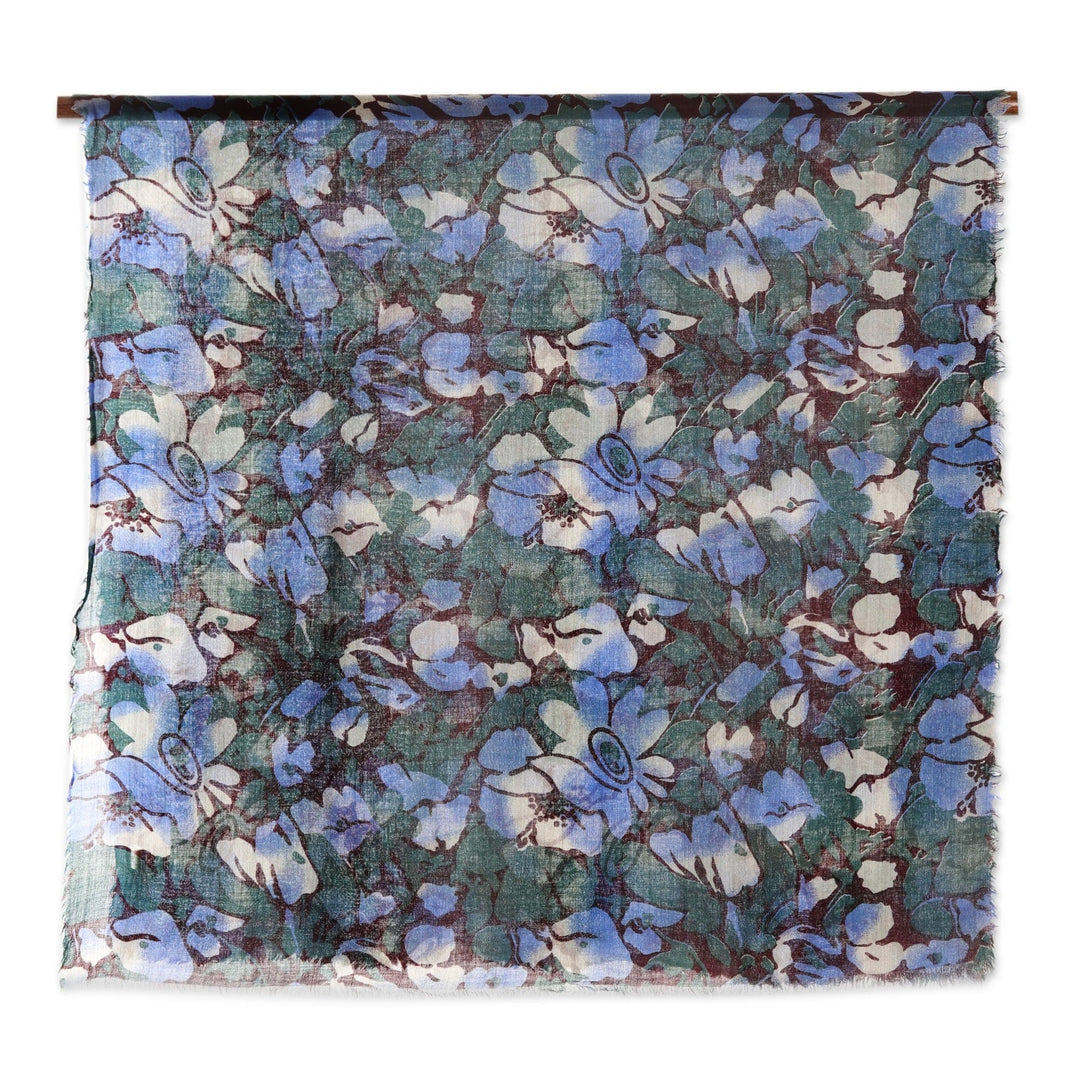 Blue and Green Floral Motif Wool Shawl - Delight of Spring