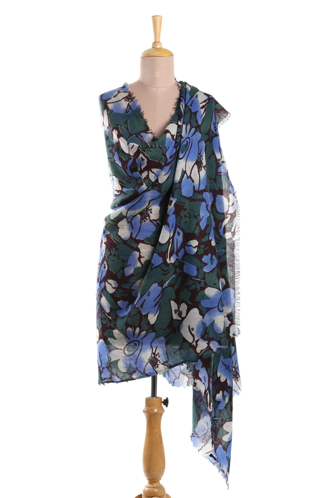 Blue and Green Floral Motif Wool Shawl - Delight of Spring