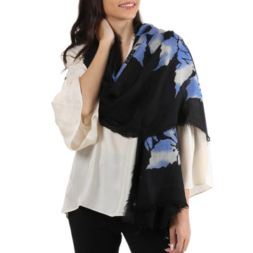 Floral Motif Screen-Printed Wool Shawl - Late Night Blossom