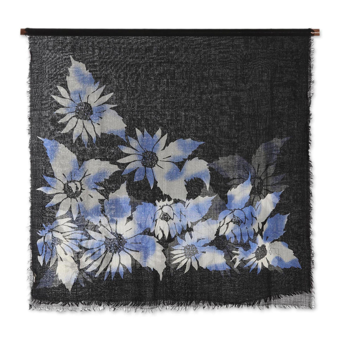 Floral Motif Screen-Printed Wool Shawl - Late Night Blossom