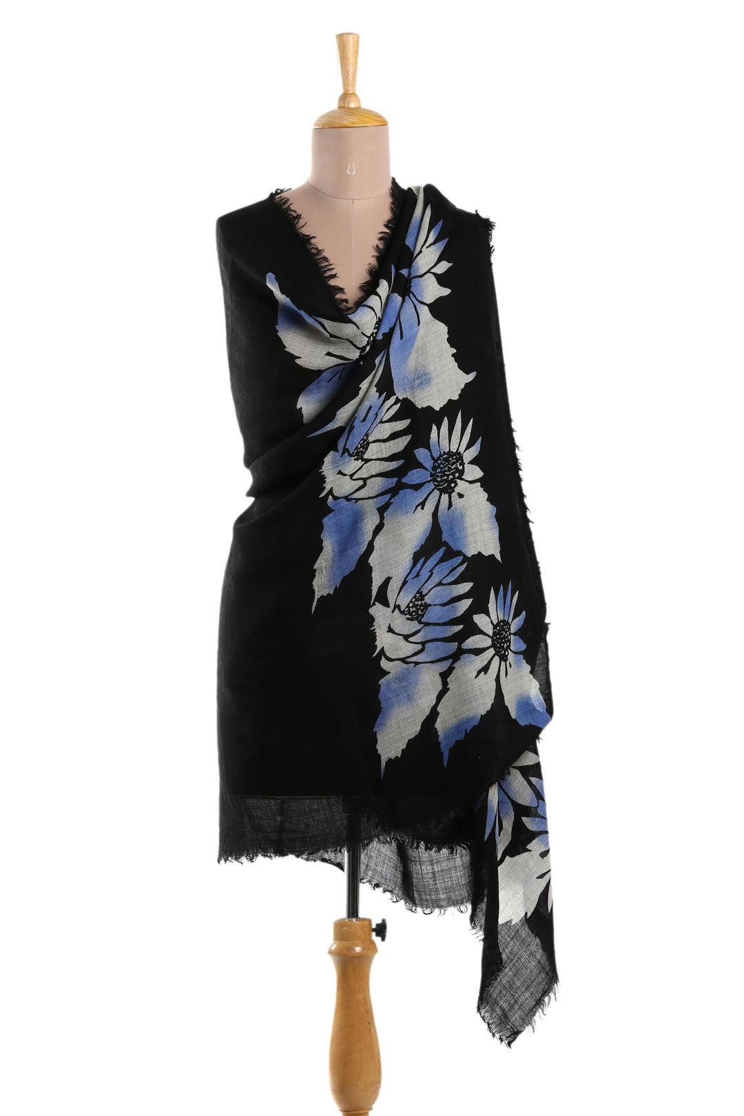 Floral Motif Screen-Printed Wool Shawl - Late Night Blossom